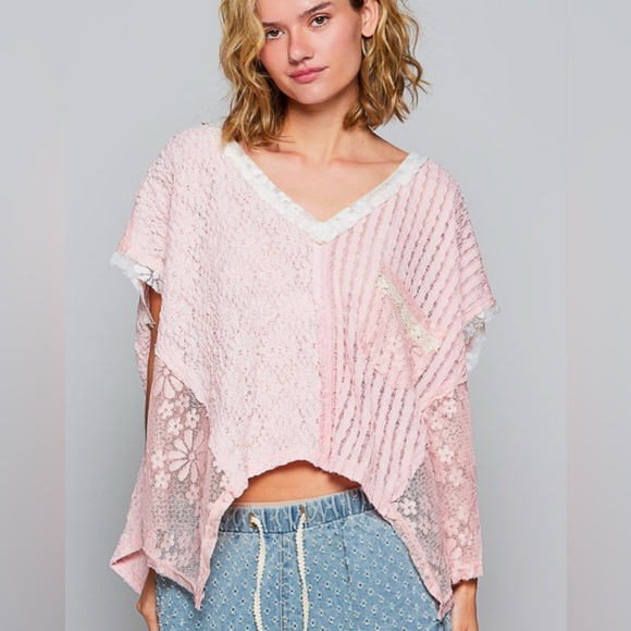 POL Openwork Round Neck Knit Womens Top with Shiny Detail